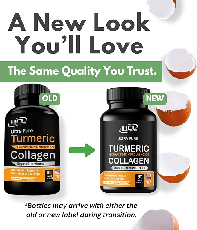 Turmeric Curcumin 95% Extract &amp Collagen Capsules - NEM Promotes Knee Comfort &amp Flexibility - Eggshell Membrane w Naturally Occurring Glucosamine Chondroitin Hyaluronic Acid- Made in USA