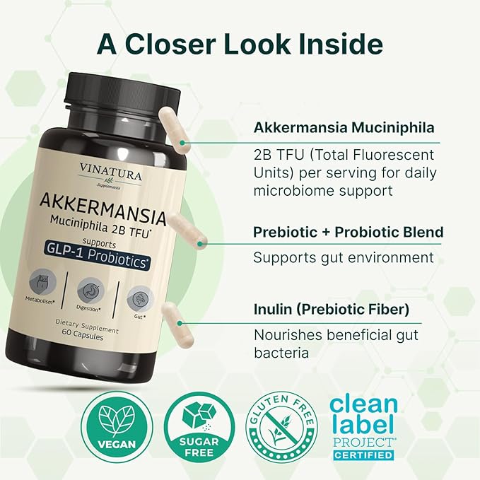 VINATURA Akkermansia Probiotic - Akkermansia Munciniphila Supplement GLP-1 Supplement - 60 Capsules