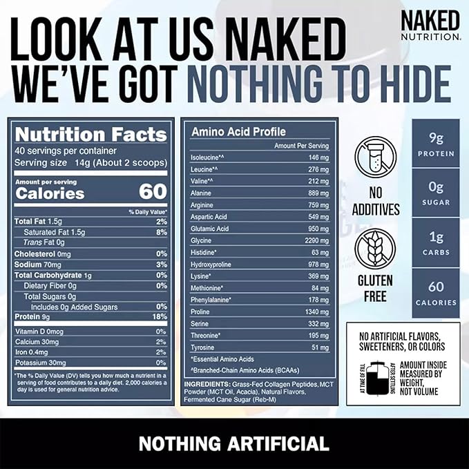 Naked Collagen Coffee Creamer - Vanilla Collagen Creamer For Coffee - Dairy-Free Gluten-Free GMO-Free - Support Hair Skin and Nails - 40 Servings