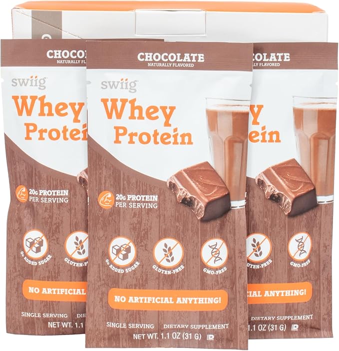 swiig Premium Daily Whey Chocolate Single-Serve 10-Pack – 20g Protein per Serving with Amino Acids for Muscle Recovery – Gluten-Free Non-GMO No Fillers No Artificial Flavors