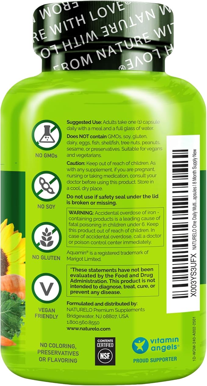 NATURELO One Daily Multivitamin for Women w/Vitamin B12 240 Ct Energy Support Whole Food Daily Women Multivitamin Supplement Nourish Hair/Skin/Nail Non-GMO No Soy Gluten Free 8 Month Supply