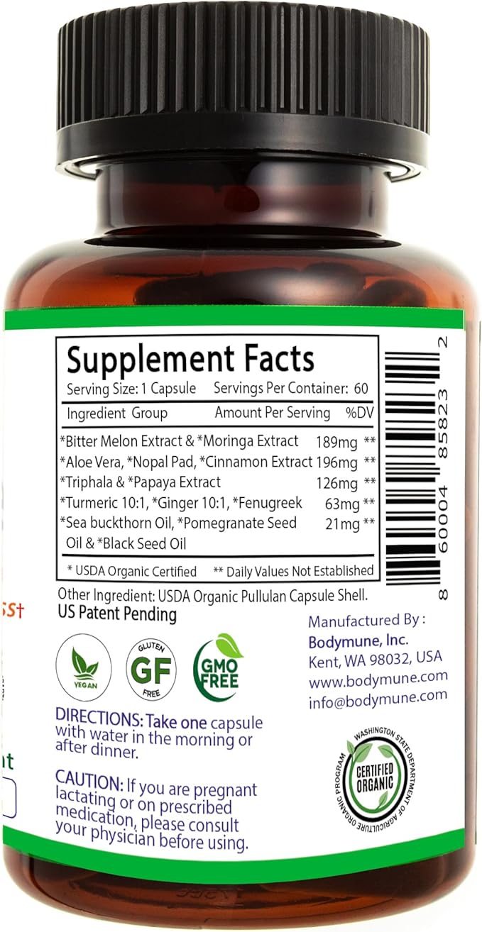 USDA Organic Blood Sugar Blend | Supports Healthy Metabolism* | with Bitter Melon Moringa Aloe Vera Nopal Papaya Extracts &amp More | 60-Day Supply | Vegan &amp Non-GMO | USA-Made