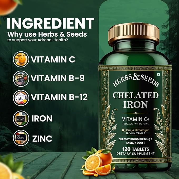 HERBS &amp SEEDS Extra-Strength Chelated Iron Highly Highly-Absorbable Iron Supplement for Women &amp Men 65 mg for Healthy Red Blood Cell Production Gluten-Free Non-GMO Dairy-Free Vegan 120 P