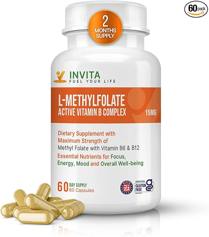 INVITA L-Methylfolate 15mg + Active Vitamin B Complex – 60 Capsules - 5-MTHF Supplement with Vitamin B6 &amp B12 Methylcobalamin for Mood Energy and Heart – Non-GMO Gluten Free 2-Month Supply