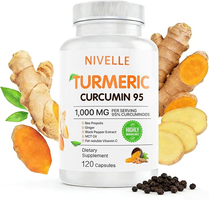 NIVELLE Pure Turmeric Curcumin Supplement 1000mg | 95% Curcuminoids with Bee Propolis Ginger MCT Oil Fat Soluble Vitamin C &amp Black Pepper | Non-GMO Gluten Free | 120 Capsules