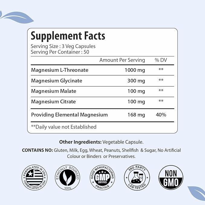 Magnesium L-Threonate Citrate Malate &amp Glycinate 150 Chelated Pills High Absorption Magnesium Supplement for Women and Men Extra Strength Complex Capsules Non-GMO &amp Gluten Free