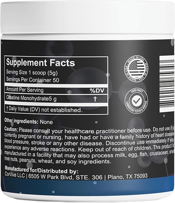 Creatine Monohydrate - Pure &amp Unflavored Creatine Powder - Vegan Gluten Free No Additives Non-GMO - Easy-Mix Formula for Strength &amp Performance Support - 5 g per Serving - 50 Servings