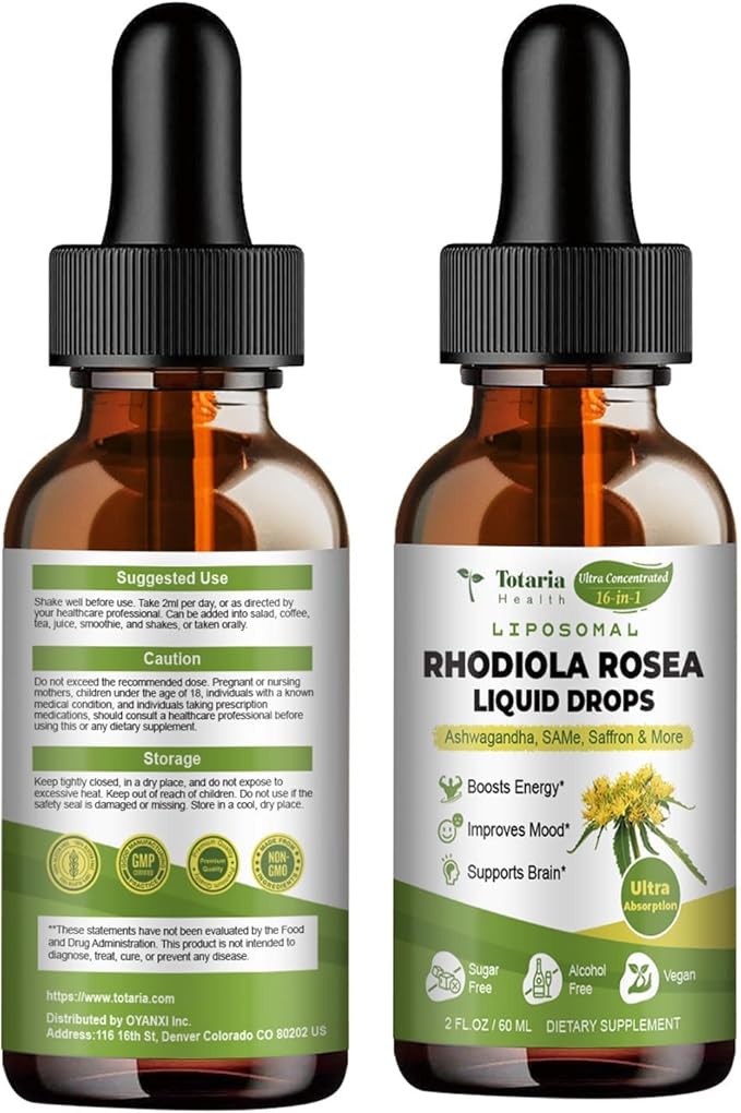 Liposomal Rhodiola Rosea Tincture Ultra Strength Rhodiola Supplement with Ashwagandha Saffron Magnesium SAM-e Rhodiola Rosea Extract Liquid Drops for Natural Relaxation Mood Energy Pack of 2