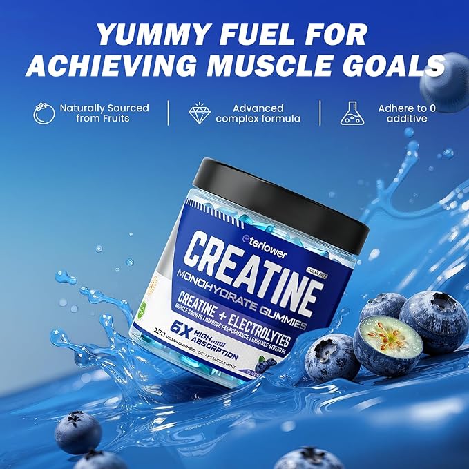 Creatine Monohydrate Gummies 5g – Pre-Workout Energy &amp Muscle Growth Support for Men &amp Women | Blueberry Electrolyte Gummies 120 Count