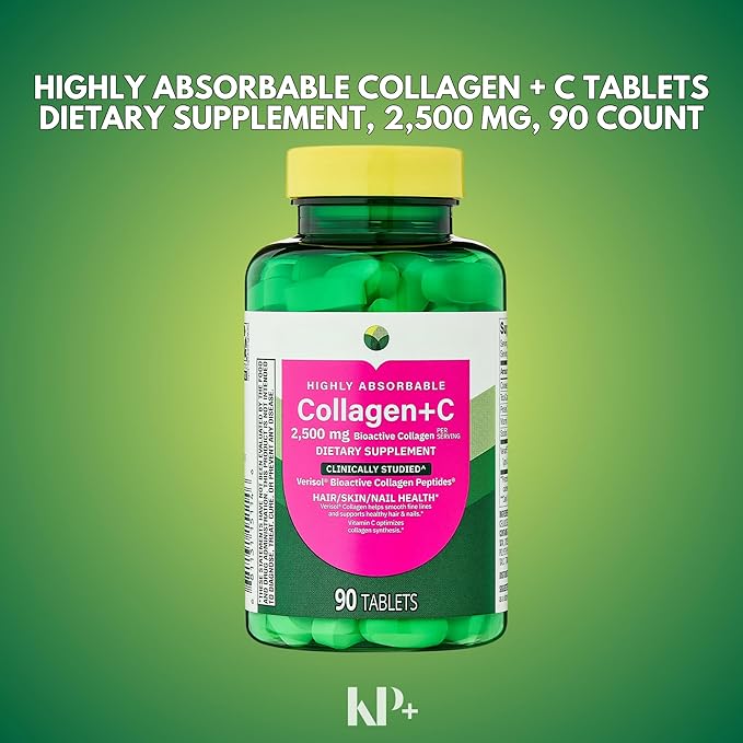 KP+ Collagen | Collagen + C 2500 mg | 90 Tablets | Supports Hair Skin &amp Nail Health | Bioactive Collagen Peptides + Vitamin C Supplement | Pack of 1