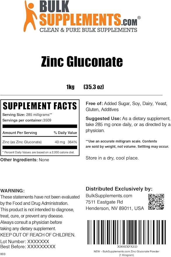 BulkSupplements.com Zinc Gluconate Powder - Zinc 40mg Mineral Supplement for Immune Support - Gluten Free 285mg per Serving 1kg (2.2 lbs) (Pack of 1)