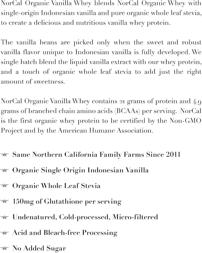 NorCal Organic Vanilla Whey Protein - 2lbs | Grass-Fed Single-Origin Vanilla | Certified Non-GMO &amp American Humane from California Farms
