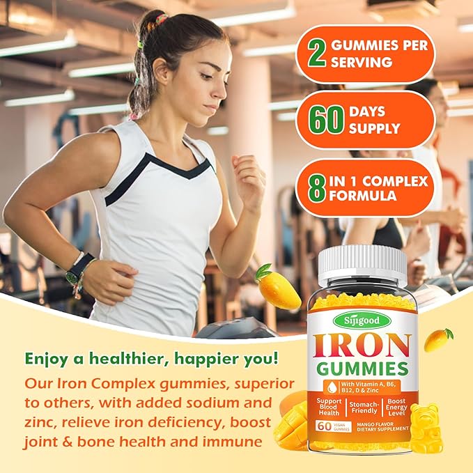 2 Pack Iron Gummies for Women &amp Men - Vegan Iron Supplement for Anemia &amp Iron Deficiency with Vitamin B12 Vitamin C Zinc Folate - Energy Boost Sugar-Free Mango Flavor 120 Count