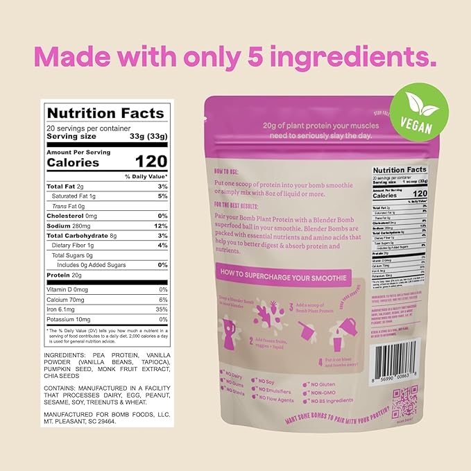 The Bomb Co. Bomb Plant Protein Protein Powder with 20g Protein Amino Acids Zero Sugar Pea Protein Chia Seeds Pumpkin Seeds Vanilla &amp Monk Fruit Gluten Free Vanilla Flavor 20 Srvgs