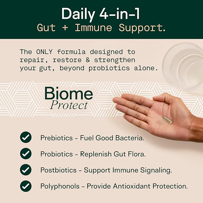 Adapt Naturals 4-in-1 Biome Protect Prebiotics Probiotics Supplement Postbiotics &amp Polyphenols for Microbiome Gut Health &amp Defense for Women &amp Men 60 Day Supply