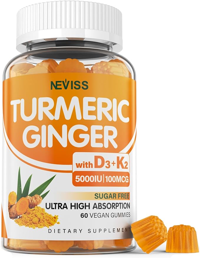 Sugar Free Turmeric Ginger Gummies 1500mg with Vitamin D3 5000IU &amp K2 for Women &amp Men Curcumin Ginger Gummies for Adults for Immune &amp Digestive Support - Vegan Mango Flavor 60 Count