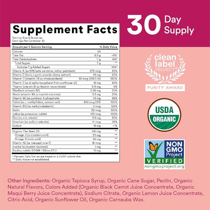 SmartyPants Organic Women's and Toddler Multivitamin Gummies with Probiotics Omega 3 Vitamins D3 B12 C A K Zinc and More Gluten Free 120 and 60 Count