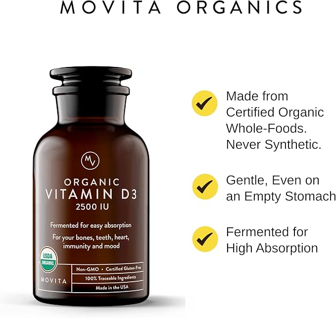 Movita Organic Vitamin D3 2500IU Bottle Fermented Vitamin C 250mg Bottle