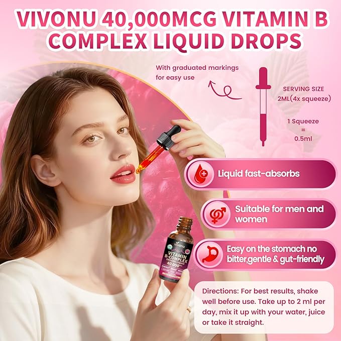VivoNu Vitamin B Complex Liquid Drops 50mg Inositol Vitamin B12 (6000 mcg) B6 B1 B2 B3 B5 and Methylfolate Support Energy Raspberry Flavor Natural Ingredient Non GMO - 2 Pack