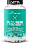 Flourish Probiotics + Prebiotics for Women – Gut and Digestion Urinary Tract Reduce Bloating Vaginal Health – 18 Clinically Proven Strains 14 Billion CFU – 30 Shelf-Stable Mini Vegan Capsules