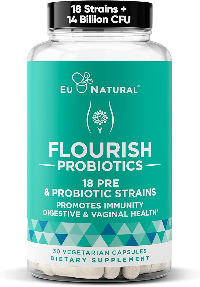 Flourish Probiotics + Prebiotics for Women – Gut and Digestion Urinary Tract Reduce Bloating Vaginal Health – 18 Clinically Proven Strains 14 Billion CFU – 30 Shelf-Stable Mini Vegan Capsules
