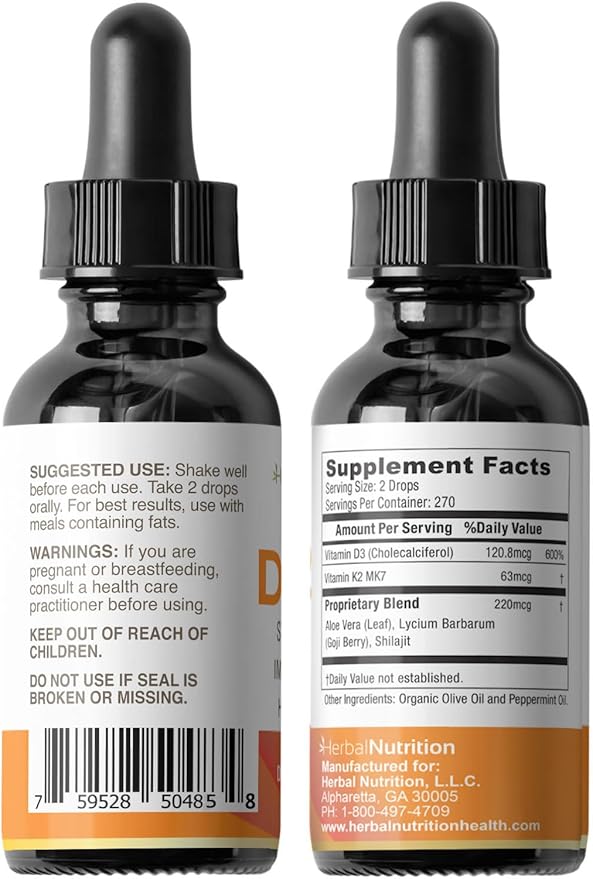 Herbal Nutrition Organic Vitamin D3 K2 Drops – 5000 IU D3 + 63mcg MK7 K2 – 270 Servings Vegan Liquid Supplement Superior Delivery – Bone Heart Immune &amp Mood Support – Peppermint Flavor