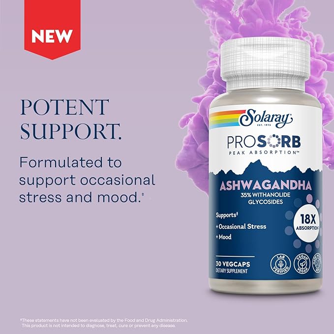 SOLARAY Ashwagandha Capsules 18X Absorption - Ashwagandha Root and Leaf Extract 240 mg - Occasional Stress Relief and Mood Support Supplement - Vegan 60-Day Guarantee - 30 Servings 30 VegCaps