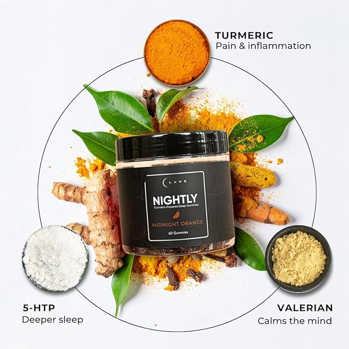 Lune Nightly Extended Release Sleep Gummies - 2mg Melatonin with 5-HTP Valerian Root &amp Turmeric - All Night Sleep Support Blood Orange Flavor 100% Vegan 60 Count