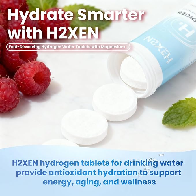 Molecular Hydrogen Tablets with Magnesium - 8 PPM Hydrogen Water Tablets for Drinking Water - Rich in Antioxidants Supports Healthy Aging Cellular Energy &amp Brain Health (60 Counts Raspberry)