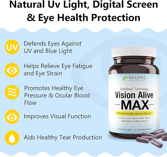 Holistic Health Labs Vision Alive Max with 8 Natural Ingredients Lutemax® 2020 Bilberries Blueberries c3g from Black Currant Maqui Berry Saffron and Astaxanthin (30 Count (Pack of 1))