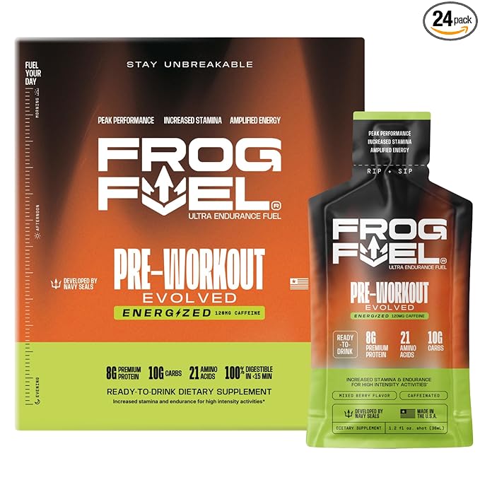 Frog Fuel Ultra Energy Gel &amp Energized Pre Workout Shot with 120mg Caffeine 1500mg Beta Alanine Electrolytes 8g Protein Nano-Hydrolyzed Grass Fed Collagen 10g Carbs Berry 1.2 oz Packets 24 P