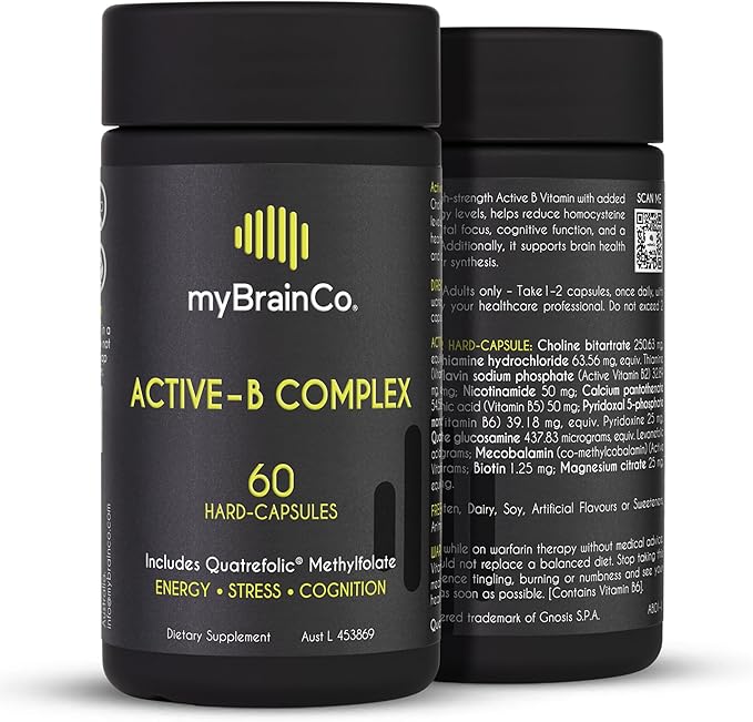 myBrainCo. Active-B Complex – High Strength Activated B Vitamin Supplement with B2 B6 B12 &amp Methyl Folate – Supports Energy Brain Function &amp Nervous System – 60 Vege-Capsules