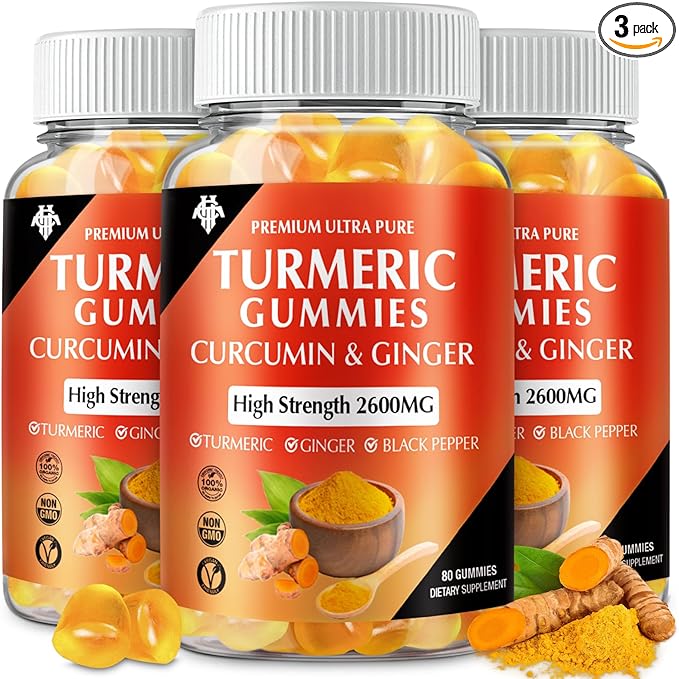 Turmeric Curcumin Gummies with Ginger &amp Black Pepper Vegan Pectin Formula for Immune Boost Healthy Skin &amp Joint Support Chewable Supplement for Adults &amp Teens (3-Pack)