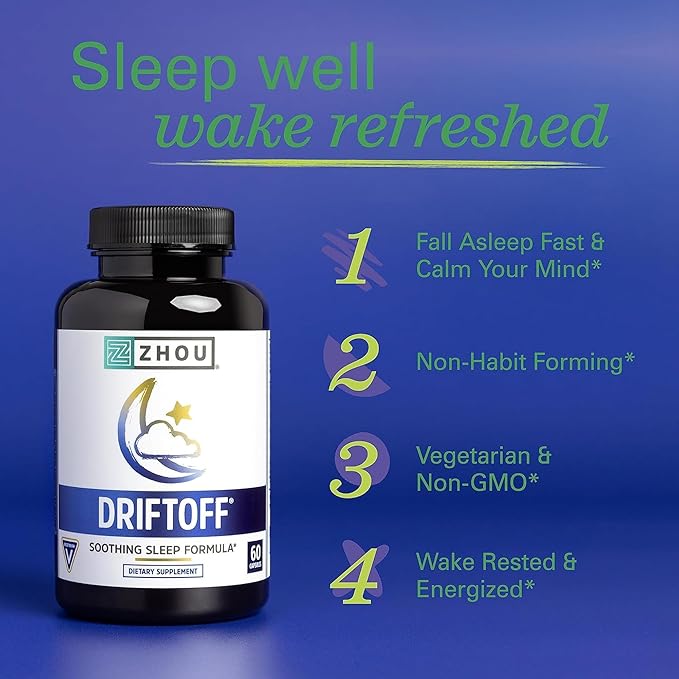 ZHOU Driftoff - Nature Inspired Sleep Aid Valerian Root &amp Melatonin for Sleep for Men &amp Women Calm Sleeping Supplement for Adults with GABA &amp Chamomile to Relax - 60 Veggie Capsules (Pac