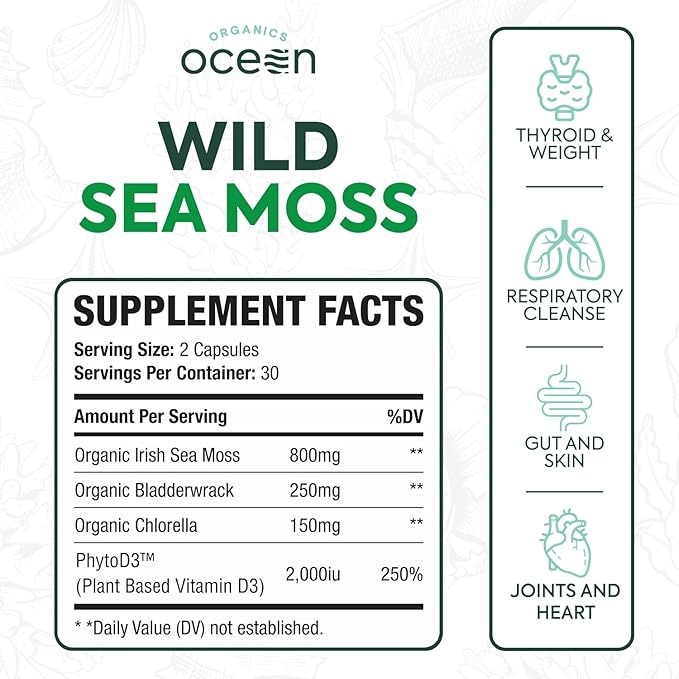 Organics Ocean Wild Sea Moss Capsules - 100% Organic Irish Sea Moss with Organic Chlorella Bladderwrack and Vitamin D for Energy Lung Health and Thyroid Support for Women and Men - 3 Bottles