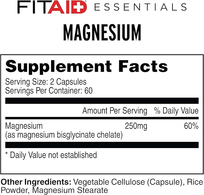 FITAID Essentials Magnesium Glycinate Capsules High Potency Recovery for Weightlifting Running Cycling Muscle Fatigue Relief Bone Health 2 Month Supply 120 Bioavailable Veggie Capsules