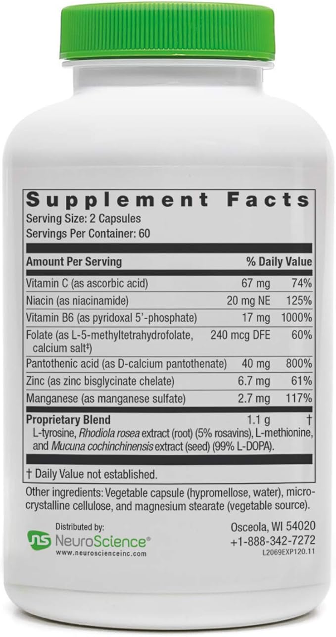 Neuroscience ExcitaPlus - Adrenal Support Supplements for Cortisol Health Support with L-Tyrosine Rhodiola and B Vitamins - Promotes Stress Resilience Energy and Focus (120 ct)