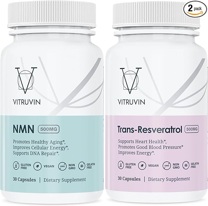 VITRUVIN Longevity Supplement - NMN 500MG + Trans-Resveratrol 500MG with Piperine - Vegan Non-GMO Gluten-Free Gelatin-Free