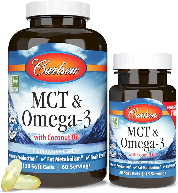 Carlson - MCT &amp Omega-3 Coconut Oil Caprylic &amp Capric Acids EPA &amp DHA Energy Production Fat Metabolism &amp Brain Health 120+30 Softgels