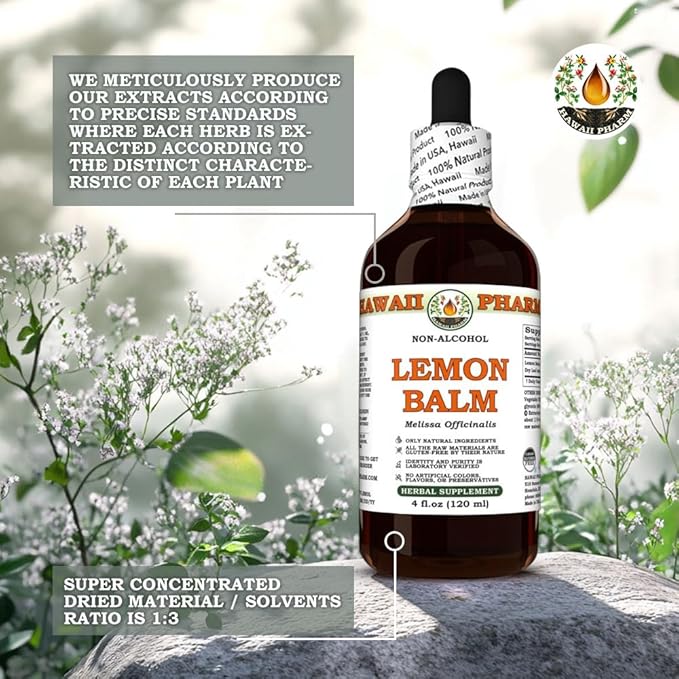 Hawaii Pharm Lemon Balm Alcohol-Free Extract Glycerite for Relaxation Supports Restful Sleep Promotes Mental Clarity and Cognitive Function Eases Digestive Discomfort - 4 fl.oz