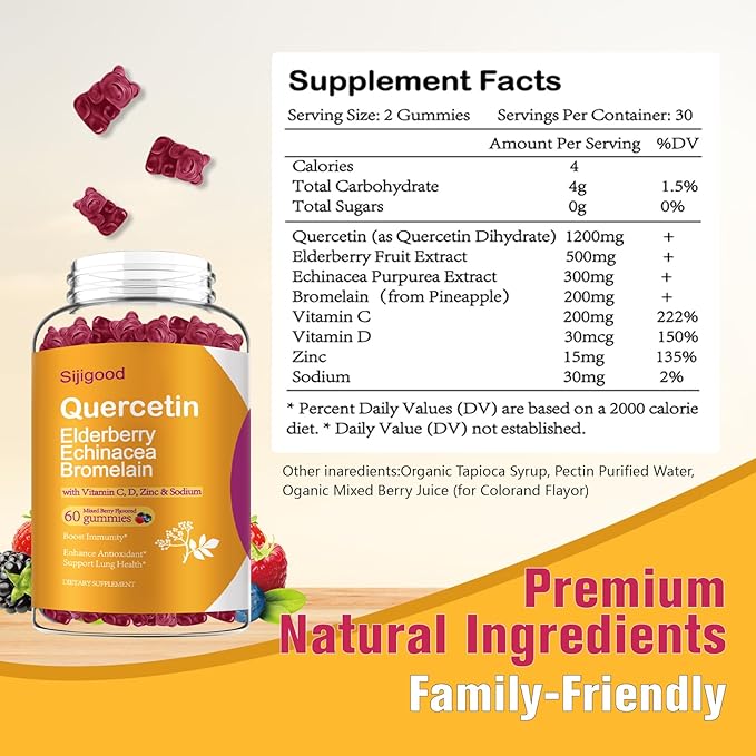 2 Packs Quercetin with Bromelain Gummies Elderberry Echinacea Vitamin C D Zinc - Immune System Support 120 Counts Pure Quercetin Supplements Gummies for Kids &amp Adults