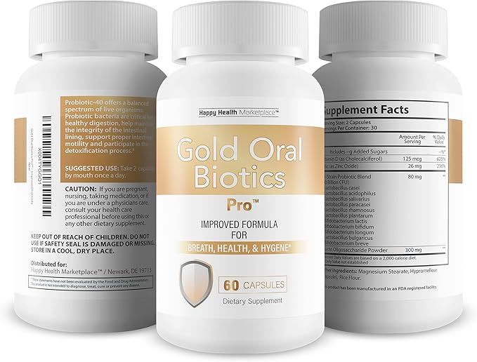 Gold Oral Biotics Pro - Our Best Oral Health Probiotics and Prebiotics - Advanced Oral Probiotics for Mouth Bad Breath - 11 Strain 40 Billion CFU Probiotic Capsules - Tooth and Gum Dental Probiotic