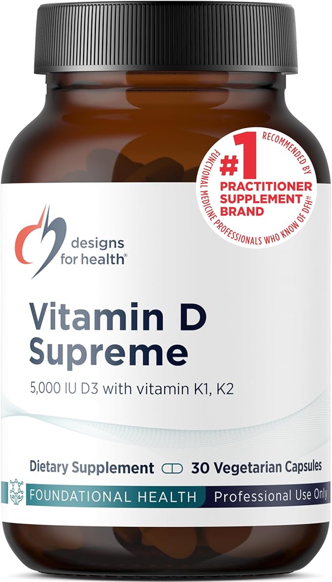 Designs for Health Vitamin D Supreme - Vitamin D 5000 IU with 2000mcg Vitamin K as MK4 for Bone Health Heart Health Mood &amp Immune Support - Vitamin D3 Enhanced with GG Supplement (30 Capsules)