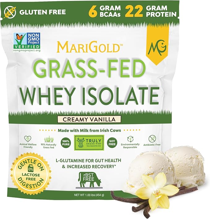 MariGold Grass-fed Whey Protein Isolate Powder - Creamy Vanilla Flavor - 1 Lb Bag | 100% Pure Cold-Processed Micro-Filtered Undenatured Non-GMO rBGH Free Soy Free Gluten Free Lactose Free