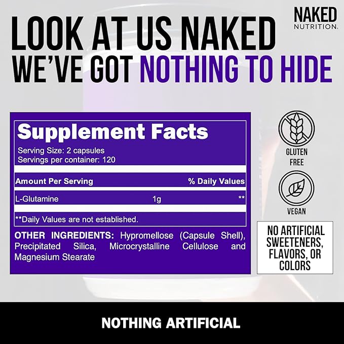 NAKED Pure Micronized Creatine Monohydrate 100 Servings + Pure L-Glutamine 240 Capsules Bundle: Vegan Non-GMO Gluten Free. Minimize Muscle Breakdown &amp Improve Protein Synthesis. Nothing Artifici