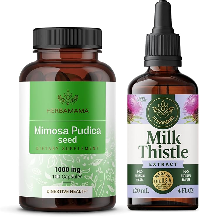 HERBAMAMA Mimosa Pudica and Milk Thistle Kit - Bundle of 1000 mg Mimosa Pudica Capsules &amp Milk Thistle Tincture 4 fl oz - Vegan Non-GMO Sugar &amp Alcohol-Free - 2 Pack