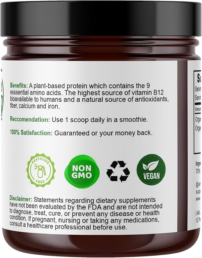 I Am Joy co. Water Lentil Protein Powder with Chlorella Plant Based Vegan Duckweed Rich in Natural B12 Vitamin Non GMO Gluten Free Sugar Free Sustainably Grown 3.3 oz ( 93g) Jar