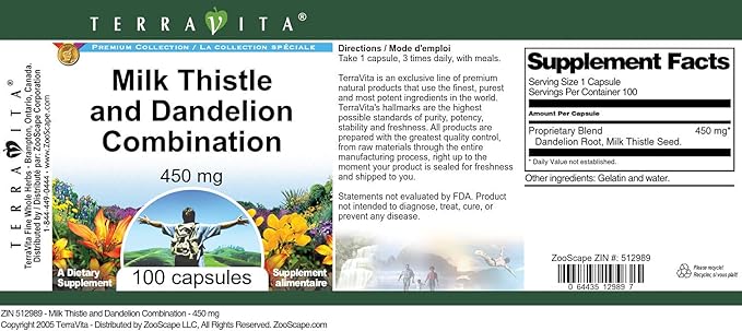 Milk Thistle and Dandelion Combination - 450 mg (100 Capsules ZIN: 512989)