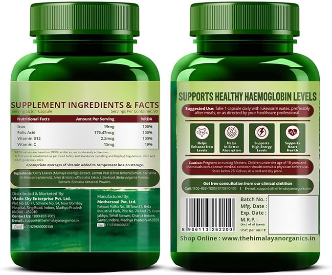HIMALAYAN ORGANICS Organics Plant Based Iron Supplement with Folate | Improved Hemoglobin &amp Oxygen Capacity | Stomach Friendly | Boost Energy (90 Capsules)
