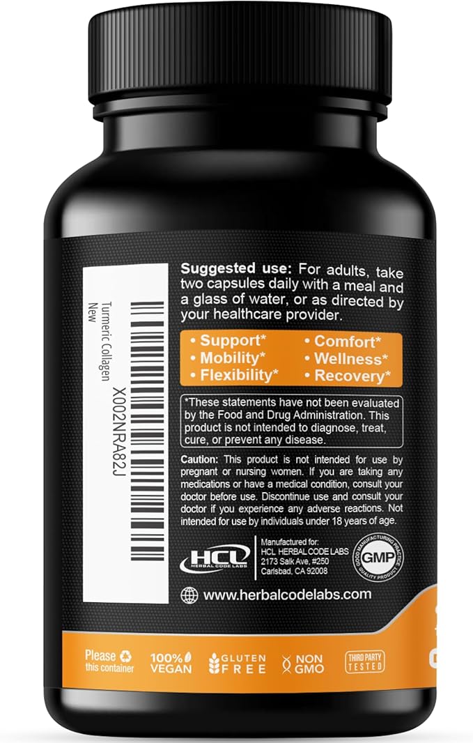 Turmeric Curcumin 95% Extract &amp Collagen Capsules - NEM Promotes Knee Comfort &amp Flexibility - Eggshell Membrane w Naturally Occurring Glucosamine Chondroitin Hyaluronic Acid- Made in USA